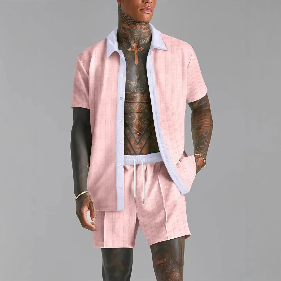 Summer Men's casual suit patchwork transparent lapel short-sleeved shirt & Shorts Stylish and comfortable two-piece streetwear Majesty Me