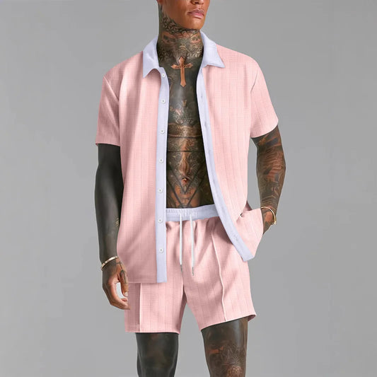 Summer Men's casual suit patchwork transparent lapel short-sleeved shirt & Shorts Stylish and comfortable two-piece streetwear Majesty Me