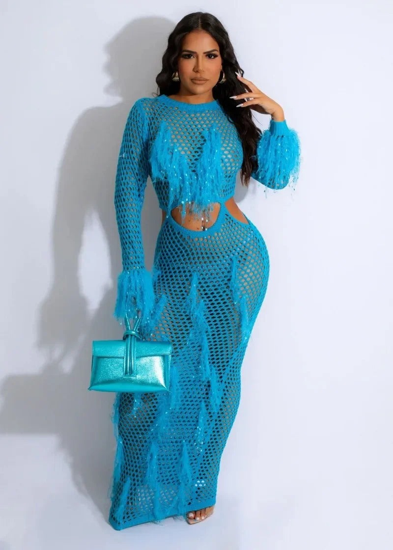 Fashion Women Cover Up Dress Sexy Hollow Out Knit Tassels Holiday Beachwear Long Sleeve Lady Maxi Beach Dresses Majesty Me