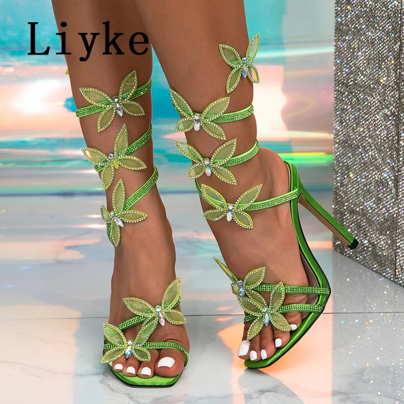 Liyke Fashion Glitter Rhinestones Women Sandals Crystal Butterfly Square Toe Wedding Party Stripper Shoes High Heels Black Blue Majesty Me