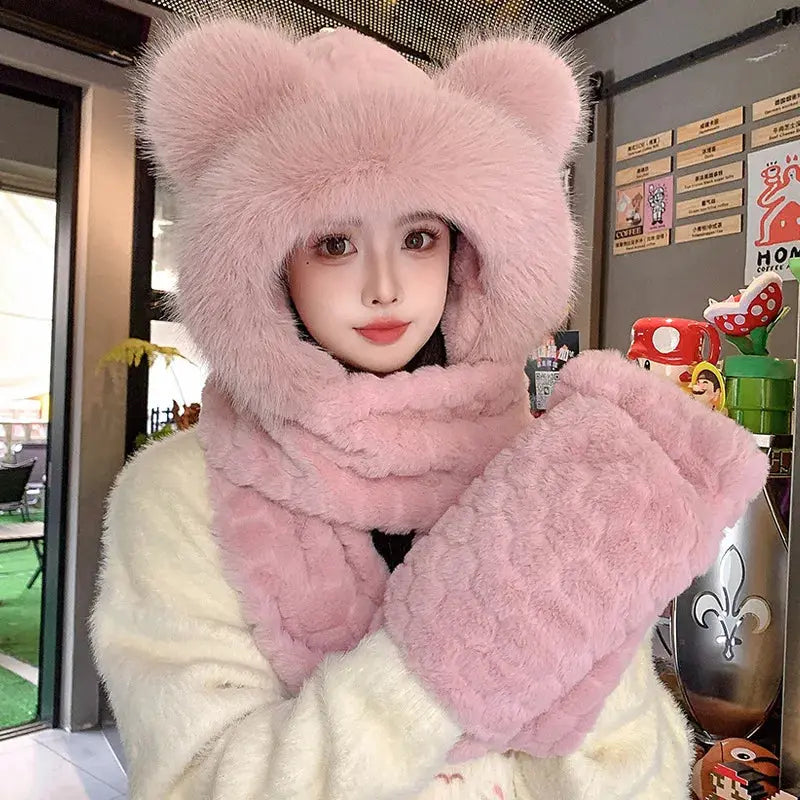 “Snow Bunny” 3-in-1 Plush Set – Hooded Scarf, Hat & Gloves Winter Warmer Majesty Me Streetwear™