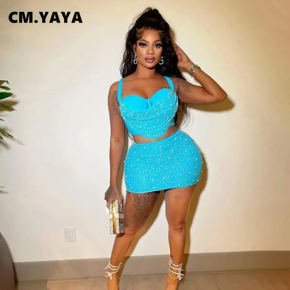 Diamond Dreams Rhinestone Two-Piece Set – Women’s Strap Crop Top & Mini Skirt | Sexy Party & Clubwear Outfit Majesty Me Streetwear™