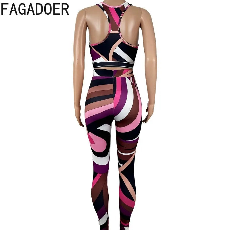 FAGADOER Summer New Fashion 2 Pieces Set for Woman Colorful Print Halter Sleeveless Tops + Leggings Pants Female Midnight Outfit Majesty Me