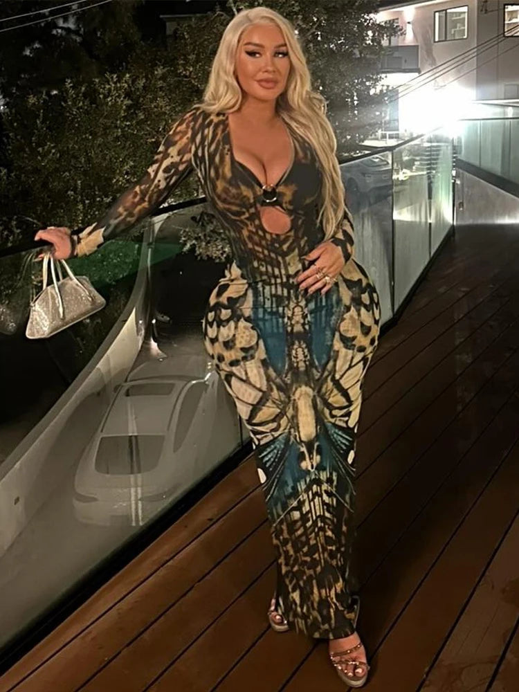 Weird Puss Sexy See Through Dress Woman Butterfly Print Metal Ring Hollow Full Sleeve Splits Clubwear Midnight Elegant Bodycon Majesty Me