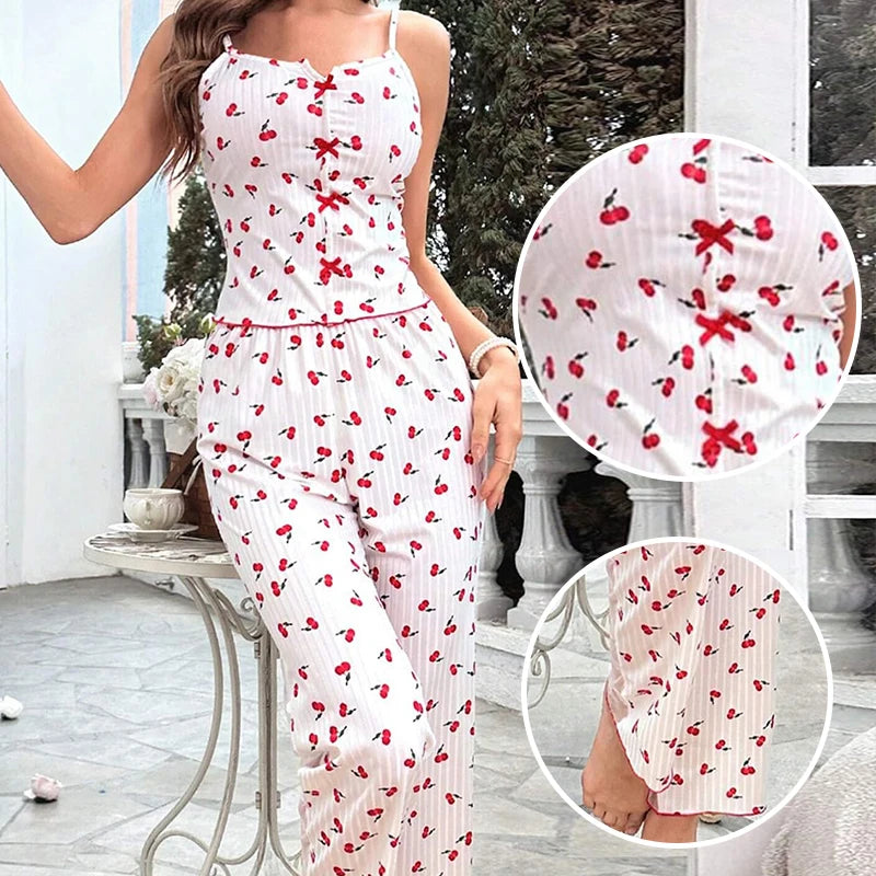 2-Piece Women's Sexy Transparent Mesh Lace Set with Ribbed Printed Strap Top and Pants Home Clothes Pajama Set Majesty Me