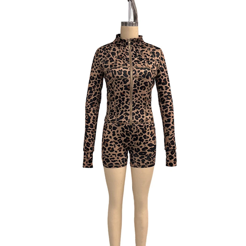 Leopard Print 2 Pieces Set for Women 2025 Trendy Outfits Sexy Gym Tracksuit Slim Zip up Tops and Shorts Matching Sets Club Wear Majesty Me