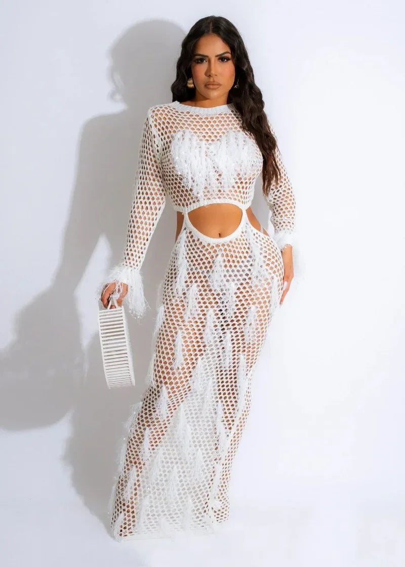 Fashion Women Cover Up Dress Sexy Hollow Out Knit Tassels Holiday Beachwear Long Sleeve Lady Maxi Beach Dresses Majesty Me