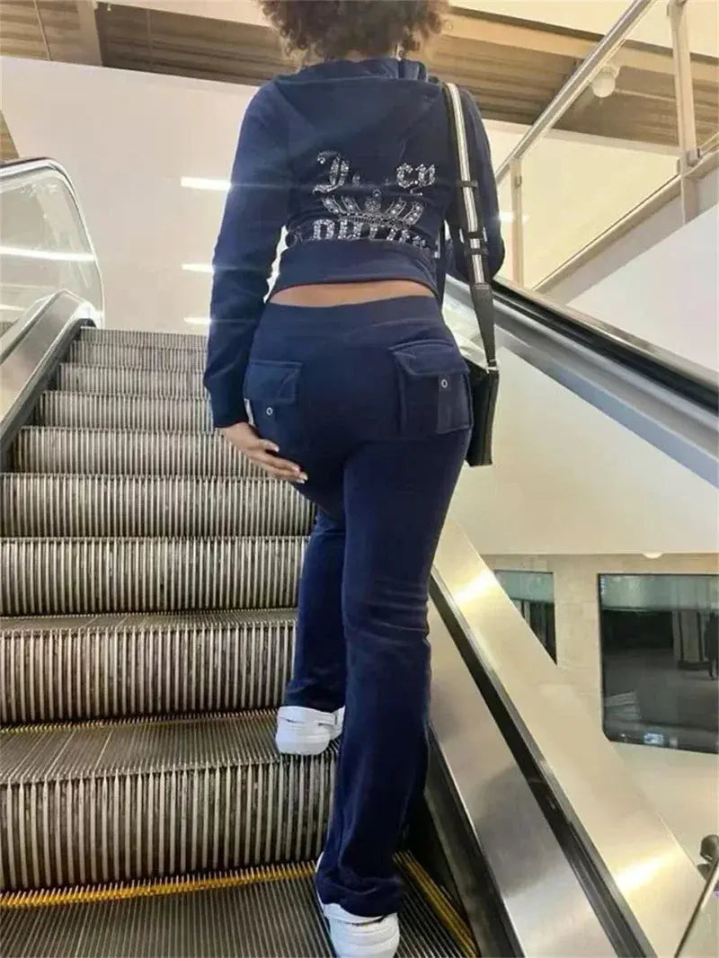 Jay Cee Velvet Crown Tracksuit – 2025 Spring Fall Women’s 2-Piece Set | Elegant Velour Sweatsuit with Royal Detailing Majesty Me