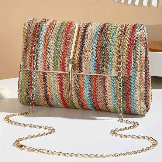 Chic Rainbow Stripe Straw Crossbody Bag for Women Adjustable Shoulder Strap Magnetic Closure Tassel Accent, Fashion Square Purse Majesty Me