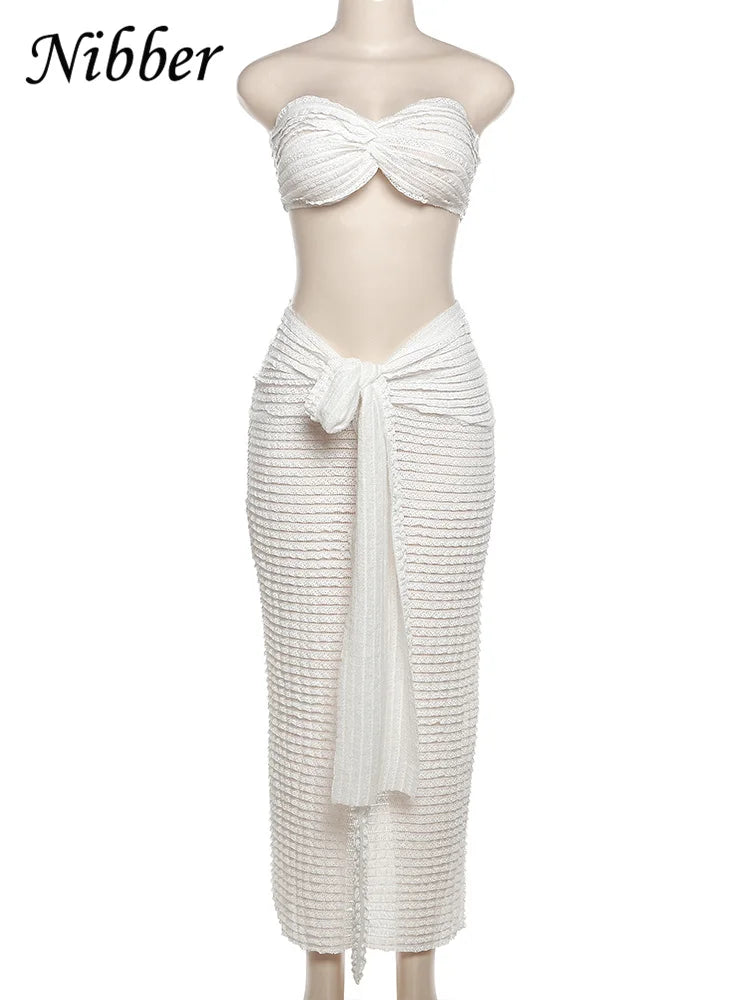 Nibber Elegant Stacked Folds Two Piece Set Women Solid Thin Strapless Chest Tops+Slim Skirts Female Streetwear Matching Suit Majesty Me