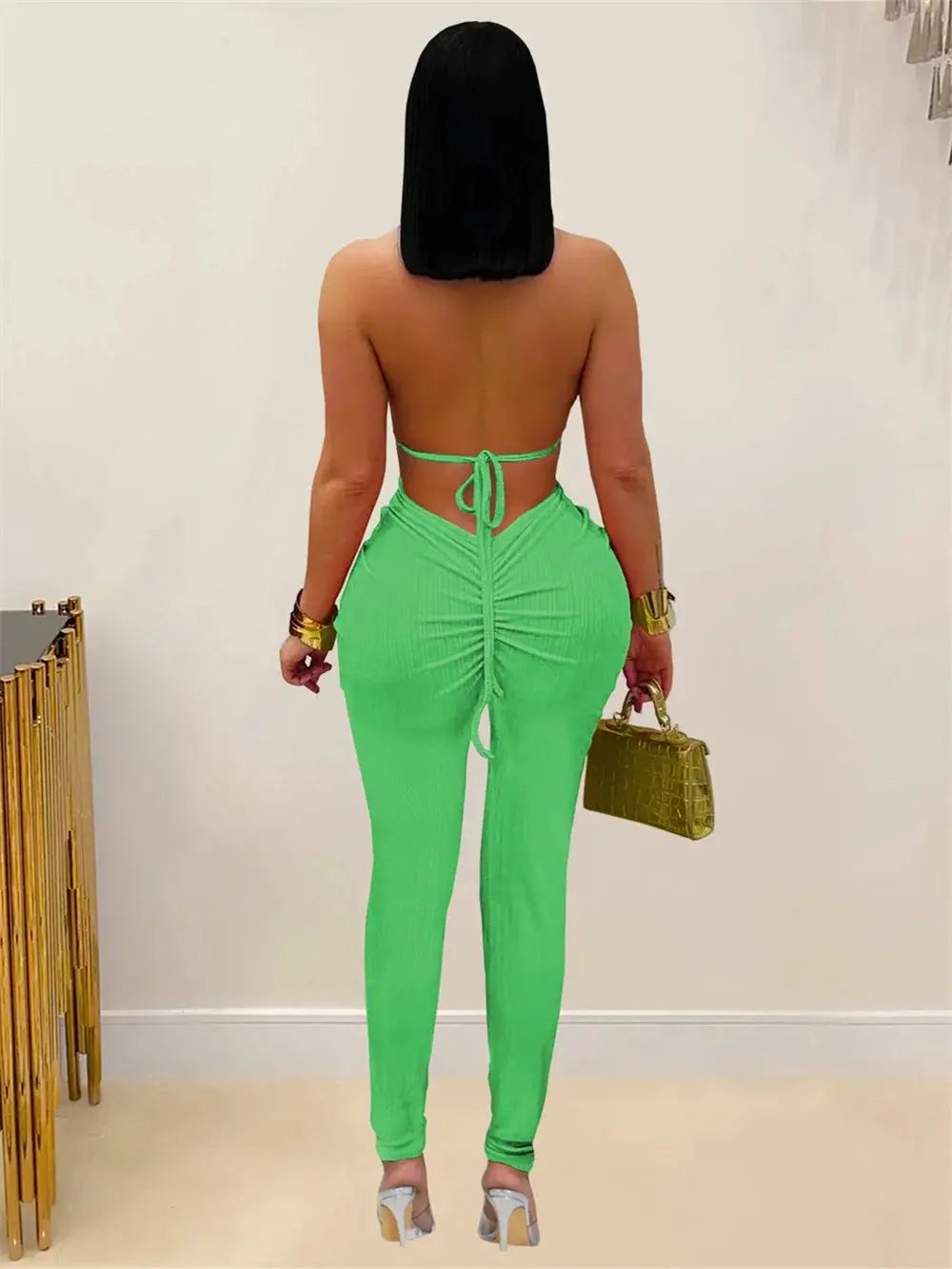 Snatched Peach Backless Jumpsuit – Ruched Halter Bodycon Majesty Me