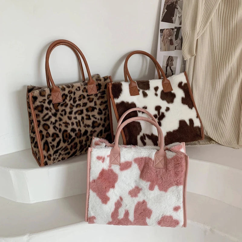 Winter Faux Fur ,Leopard Print Designer Shopper Totes, Fashion Soft Plush Women Shoulder Bags, Large Capacity Handbags and Purse Majesty Me