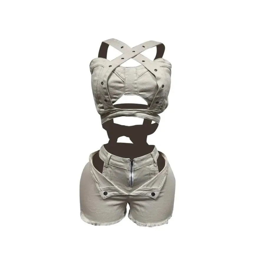 Denim Dream Two-Piece Set – Women’s Strap Vest Crop Top & Pocket Shorts | Sexy Streetwear Summer Outfit 2025 Majesty Me Streetwear™