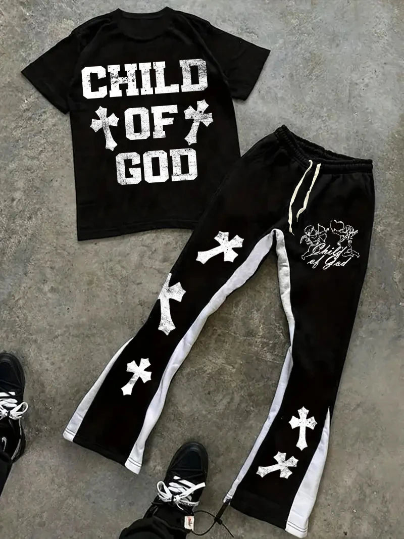 Men's Fashionable and Trendy Street Micro-flare Pants Set with Bold Color-blocking and Gothic Cross and Alphabet Prints Majesty Me