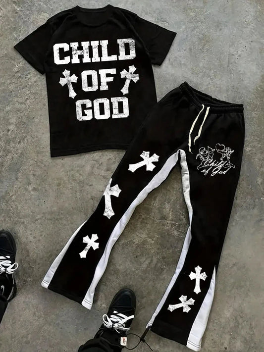 Men's Fashionable and Trendy Street Micro-flare Pants Set with Bold Color-blocking and Gothic Cross and Alphabet Prints Majesty Me