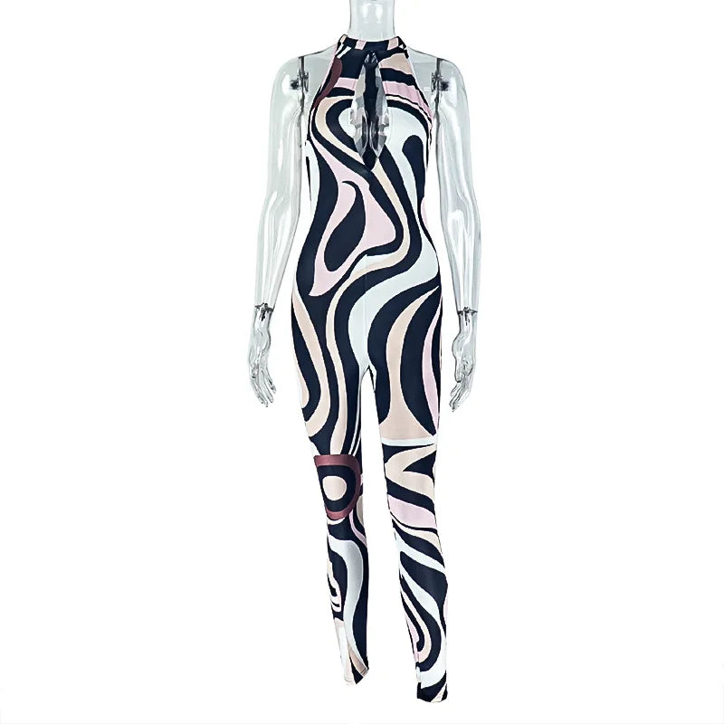 Zebra Print Jumpsuit Women o-Neck Sexy Hollow Off shoulder Sleeveless Skinny Peach Hip Hottie Street Fashion Overalls Majesty Me