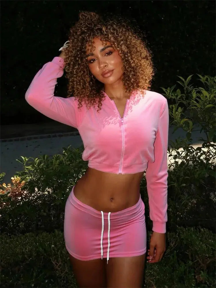 Velvet Hooded Two-Piece Set – Women’s Zip Crop Jacket & Split Drawstring Skirt | Luxury Streetwear Matching Outfit Majesty Me Streetwear™