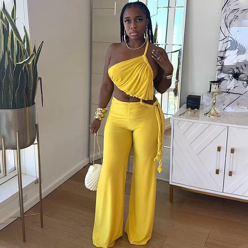 FAGADOER Sexy Ruched Patchwork Bodycon Jumpsuits For Woman Halter Sleeveless Wide-leg Romper Female Streetwear Overalls 2025 New Majesty Me