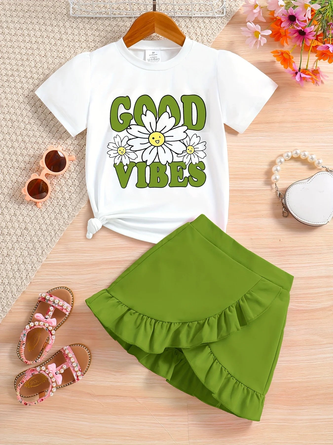 2-piece girls spring/summer fashion cute outdoor casual clothing white knit round neck Daisy print T-shirt + green pleated skirt Majesty Me