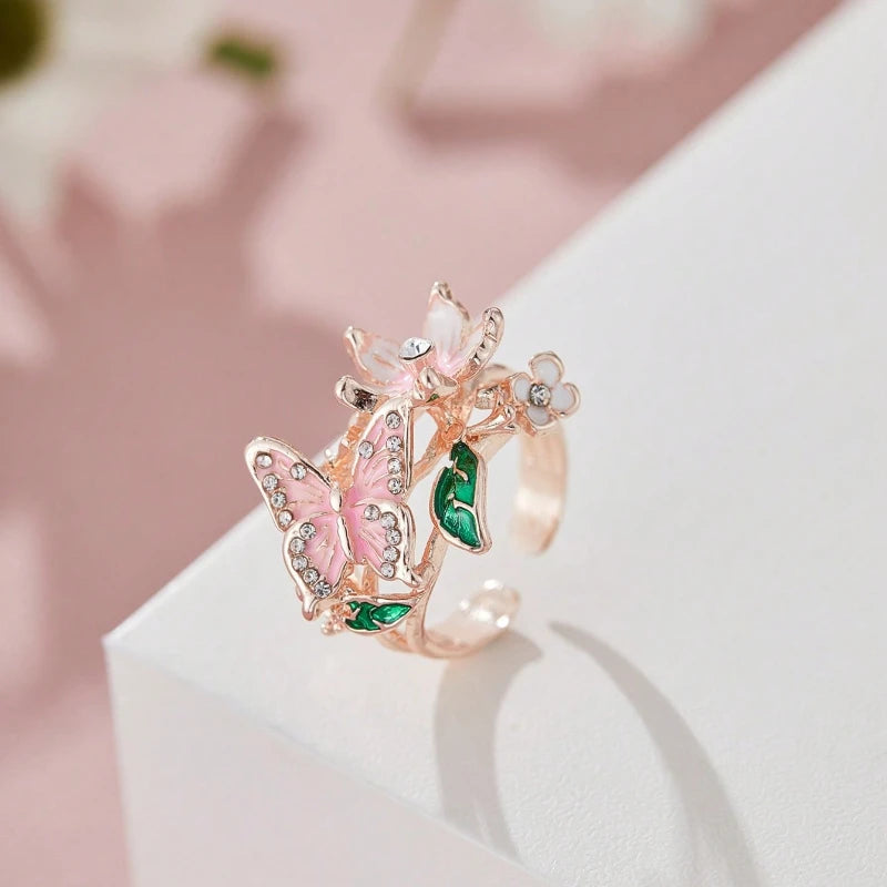 Aesthetic Flower Butterfly Rings for Female Romantic Rhinestone Stylish Non-fading Opening Ring Women Wedding Jewelry Party Gift Majesty Me