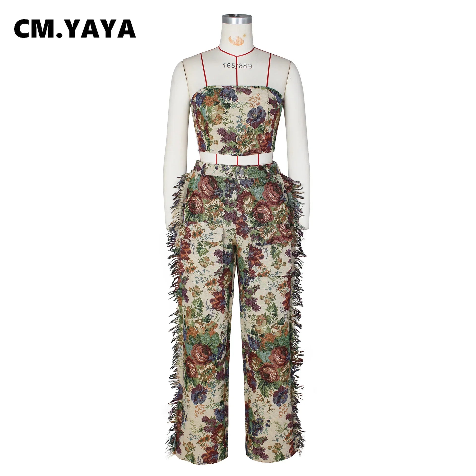 CM.YAYA Fashion Print Women's Set Strapless Top and Wide Leg tassel Pants Summer Cargo Street Two 2 Piece Set Outfit Tracksuit Majesty Me