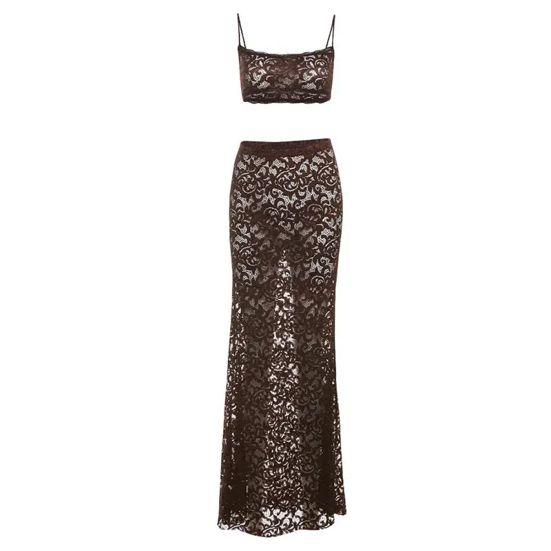 Midnight Muse Lace Two-Piece Set – Sheer Camisole Crop Top & Bodycon Maxi Skirt | Sexy Clubwear & Vacation Outfit Majesty Me Streetwear™
