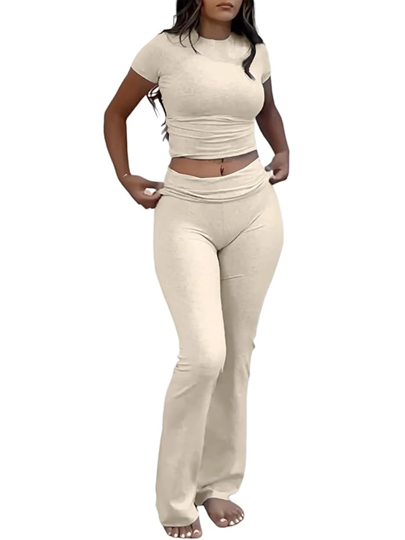 Casual Workout Two Piece Outfits for Women Short Sleeve Crop High Waist Foldover Flare Pants Tracksuit Sets Streetwear Majesty Me