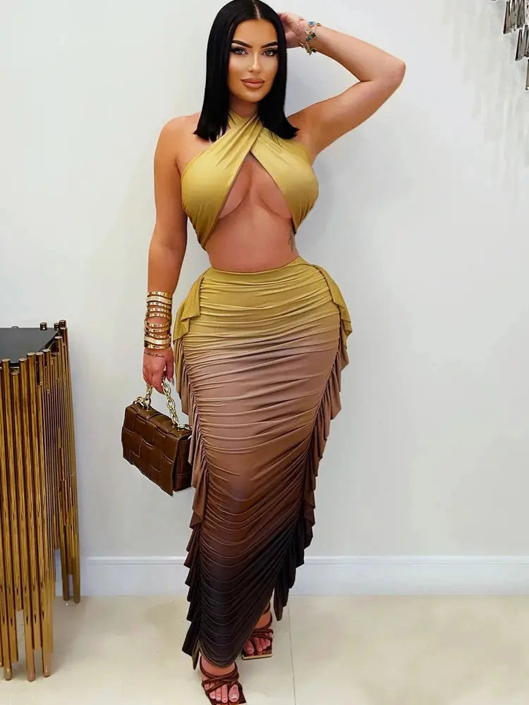 Tropical Goddess” Two-Piece Set – Halter Neck Crop Top & Tie-Dye Ruched Maxi Skirt Majesty Me Streetwear™