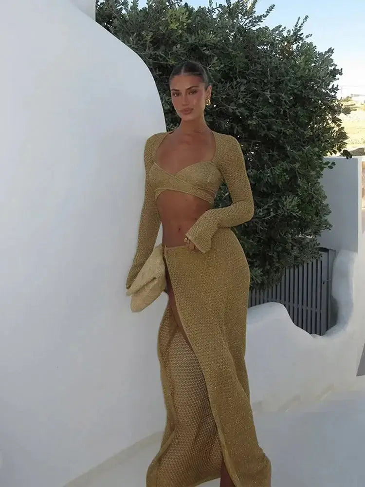“Golden Hour Glow” Two-Piece Set – Shiny V-Neck Knit Top & Maxi Skirt Summer Outfit Majesty Me Streetwear™