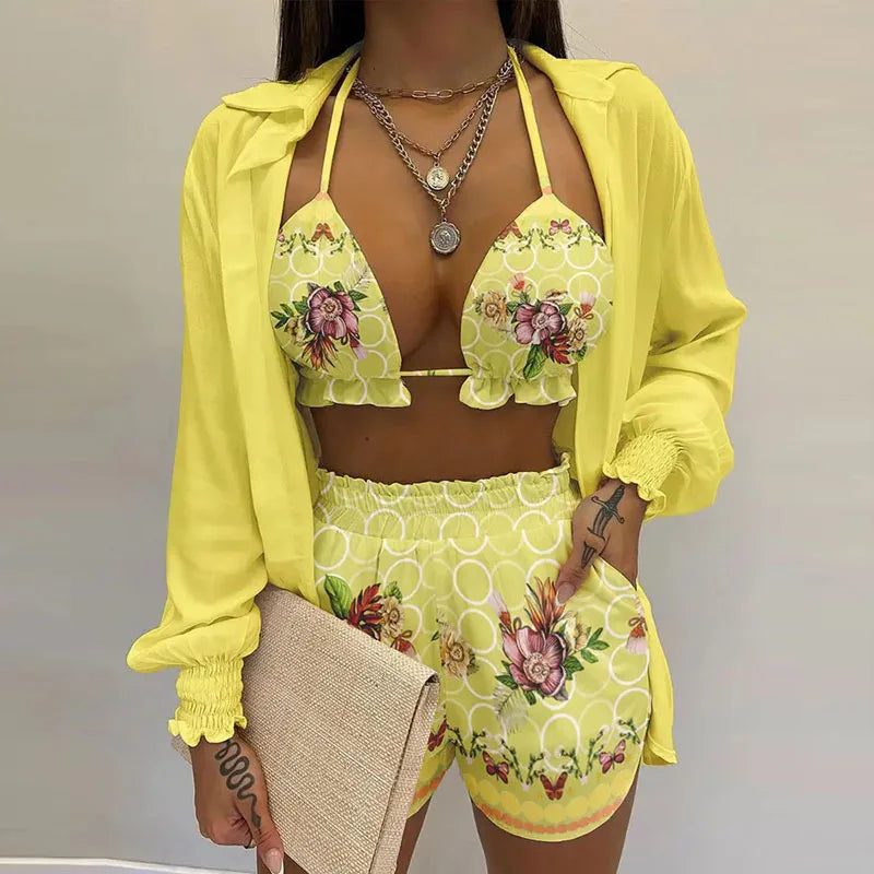 Fashion Print Short Three Piece Set Women Sexy Camisole Shirt Cardigan Shorts 3 Piece Sets Female Casual Beach Vacation Clothing Majesty Me
