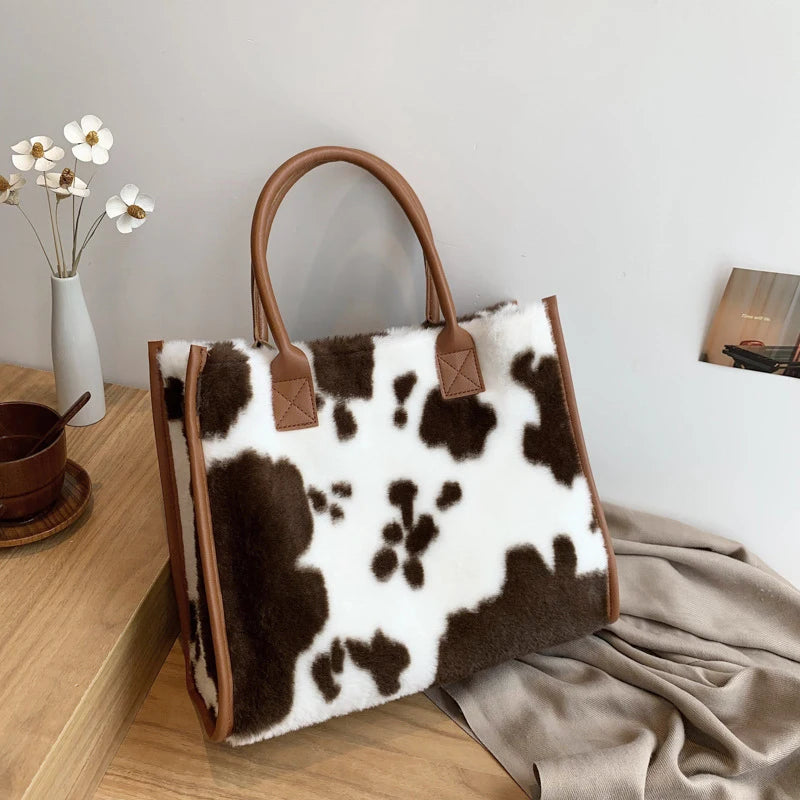 Winter Faux Fur ,Leopard Print Designer Shopper Totes, Fashion Soft Plush Women Shoulder Bags, Large Capacity Handbags and Purse Majesty Me