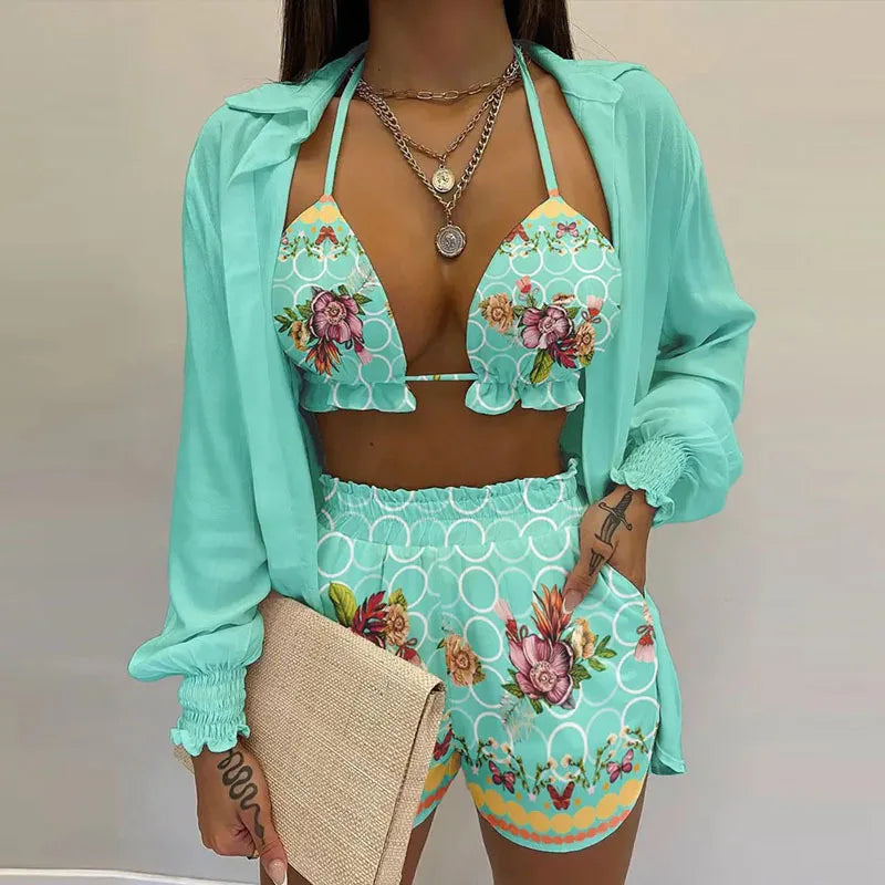 Fashion Print Short Three Piece Set Women Sexy Camisole Shirt Cardigan Shorts 3 Piece Sets Female Casual Beach Vacation Clothing Majesty Me