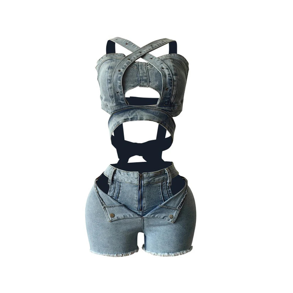 Sexy Jean Women Short Sets Straps Denim Crop Top and Cut Out Shorts Set 2025 Summer Clothes Streetwear Two 2 Piece Club Outfits Majesty Me