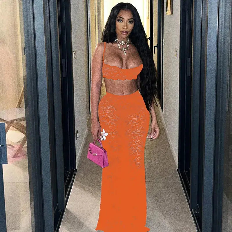 Midnight Muse Lace Two-Piece Set – Sheer Camisole Crop Top & Bodycon Maxi Skirt | Sexy Clubwear & Vacation Outfit Majesty Me Streetwear™