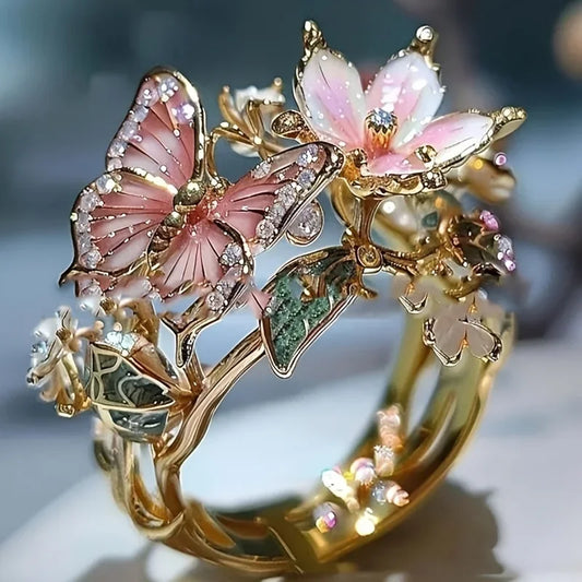Aesthetic Flower Butterfly Rings for Female Romantic Rhinestone Stylish Non-fading Opening Ring Women Wedding Jewelry Party Gift Majesty Me