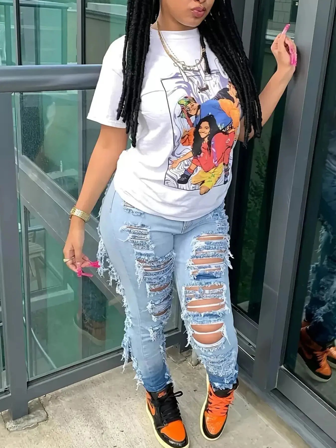 Women’s High-Waisted Washed Jeans – Elastic Fit Denim with Slanted Pockets Majesty Me Streetwear™