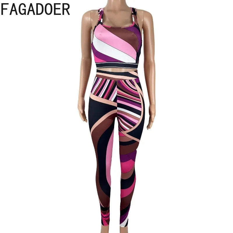 FAGADOER Summer New Fashion 2 Pieces Set for Woman Colorful Print Halter Sleeveless Tops + Leggings Pants Female Midnight Outfit Majesty Me