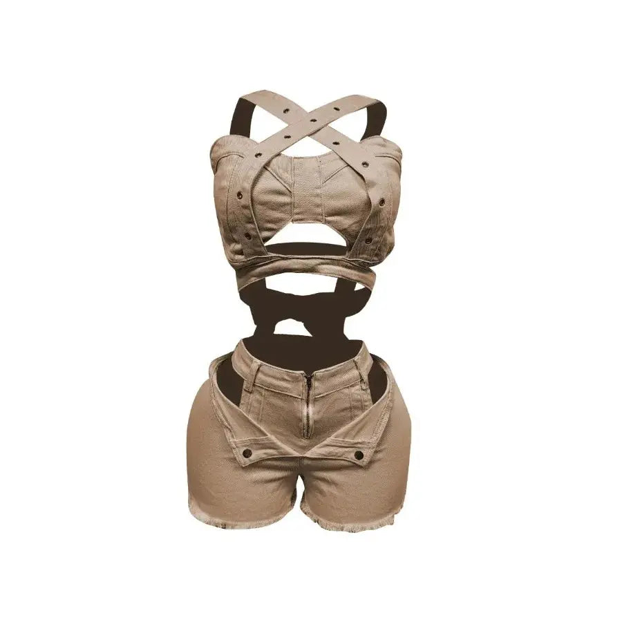Denim Dream Two-Piece Set – Women’s Strap Vest Crop Top & Pocket Shorts | Sexy Streetwear Summer Outfit 2025 Majesty Me Streetwear™