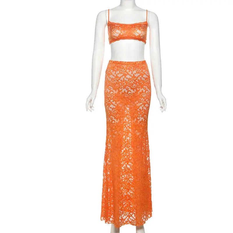 Midnight Muse Lace Two-Piece Set – Sheer Camisole Crop Top & Bodycon Maxi Skirt | Sexy Clubwear & Vacation Outfit Majesty Me Streetwear™