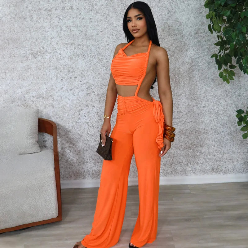 FAGADOER Sexy Ruched Patchwork Bodycon Jumpsuits For Woman Halter Sleeveless Wide-leg Romper Female Streetwear Overalls 2025 New Majesty Me