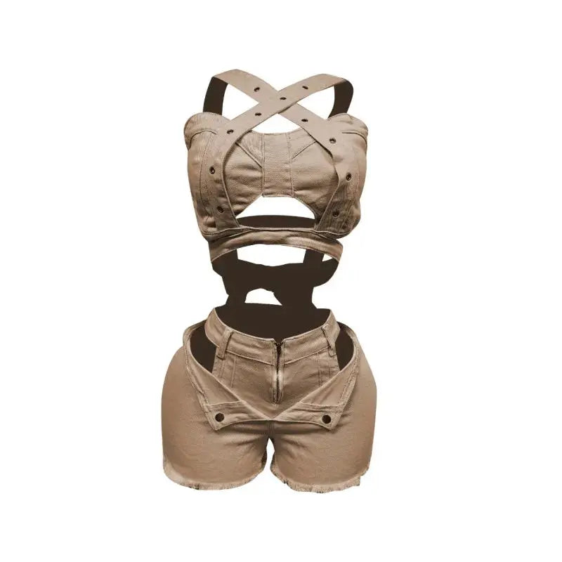 Denim Dream Two-Piece Set – Women’s Strap Vest Crop Top & Pocket Shorts | Sexy Streetwear Summer Outfit 2025 Majesty Me Streetwear™