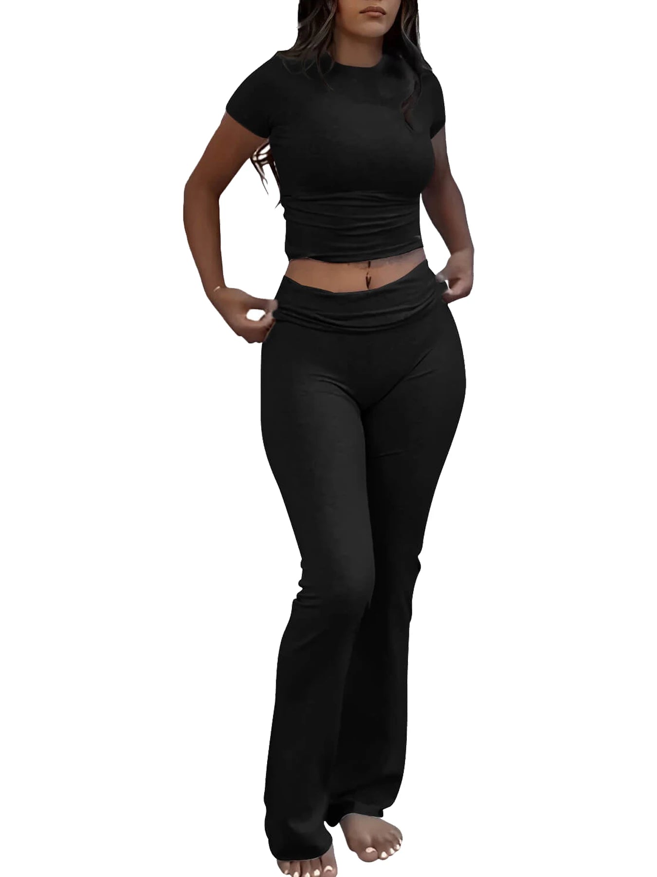 Casual Workout Two Piece Outfits for Women Short Sleeve Crop High Waist Foldover Flare Pants Tracksuit Sets Streetwear Majesty Me