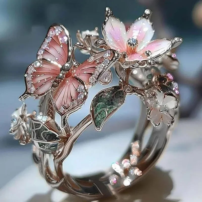 Aesthetic Flower Butterfly Rings for Female Romantic Rhinestone Stylish Non-fading Opening Ring Women Wedding Jewelry Party Gift Majesty Me