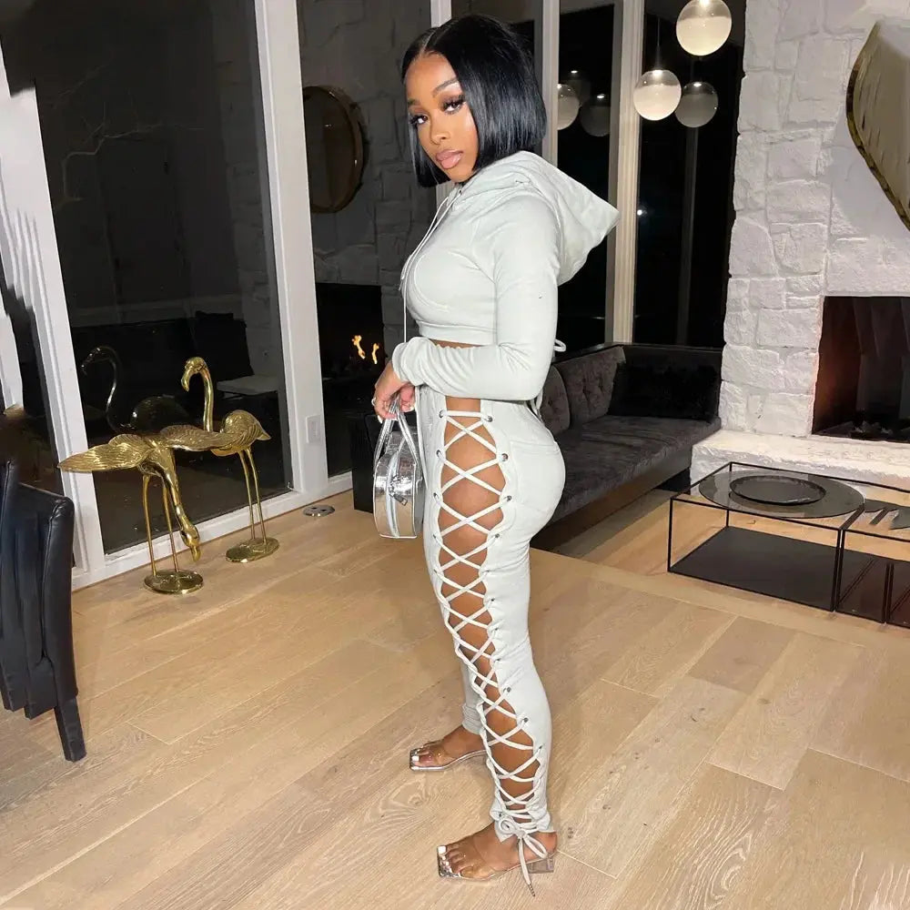 Majesty Me “Power Play” Tracksuit – Hollow-Out Bandage Crop Hoodie & Matching Joggers Majesty Me Streetwear™