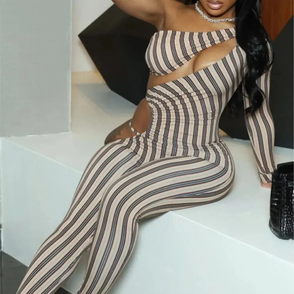 Striped Contour Cutout Jumpsuit Majesty Me