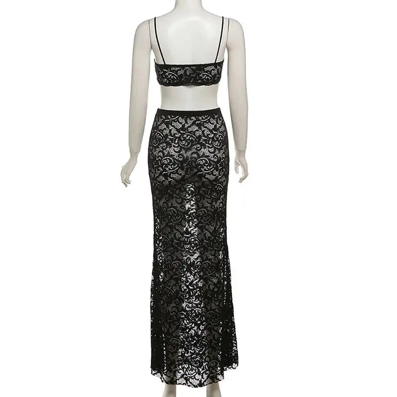 Midnight Muse Lace Two-Piece Set – Sheer Camisole Crop Top & Bodycon Maxi Skirt | Sexy Clubwear & Vacation Outfit Majesty Me Streetwear™