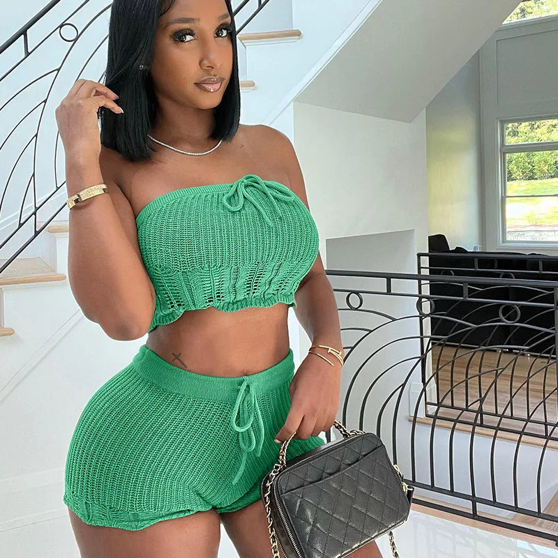 Sexy Knitted Two Piece Women Shorts Sets Skinny Tube Crop Top + Shorts Stretchy Vacation Party Club Outfits Matching Sets Summer Majesty Me