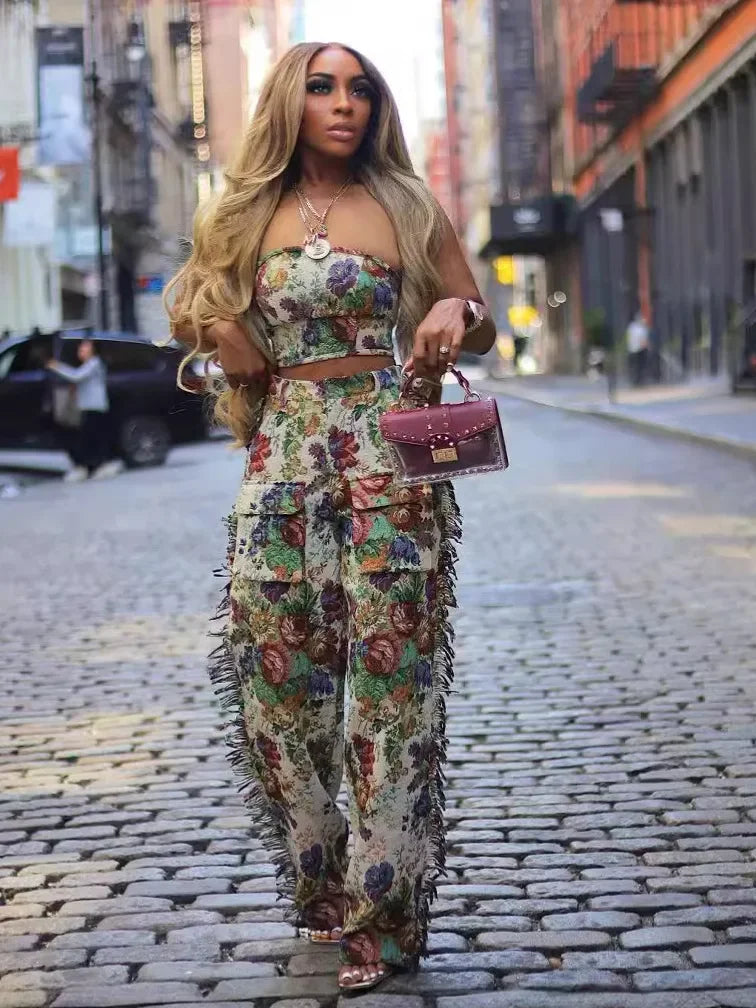 CM.YAYA Fashion Print Women's Set Strapless Top and Wide Leg tassel Pants Summer Cargo Street Two 2 Piece Set Outfit Tracksuit Majesty Me