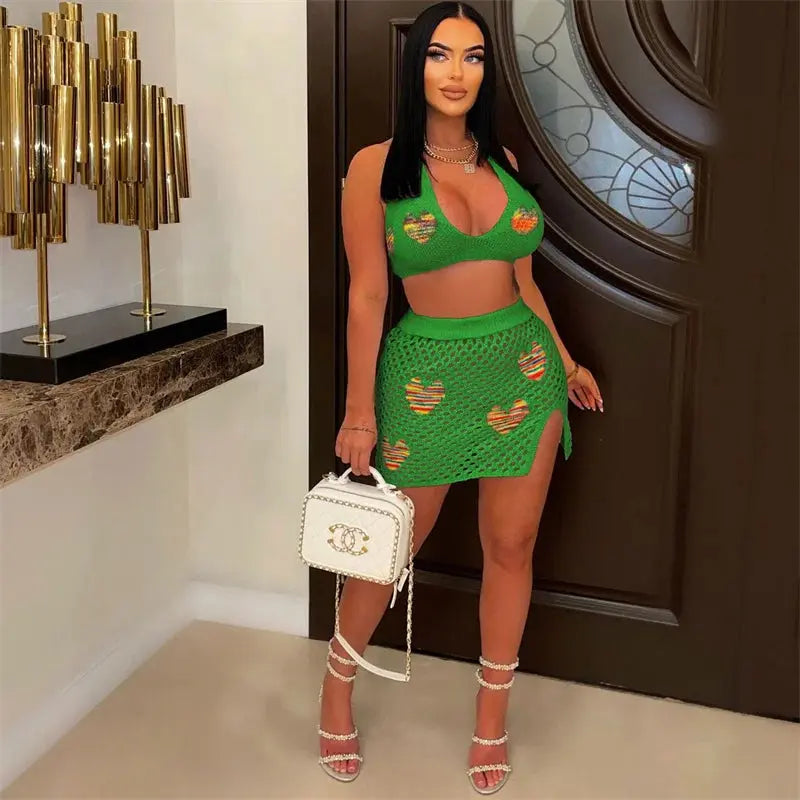 Majesty Me “Golden Hour” Crochet Set – Halter Crop Top & Matching Mini Skirt Majesty Me Streetwear™