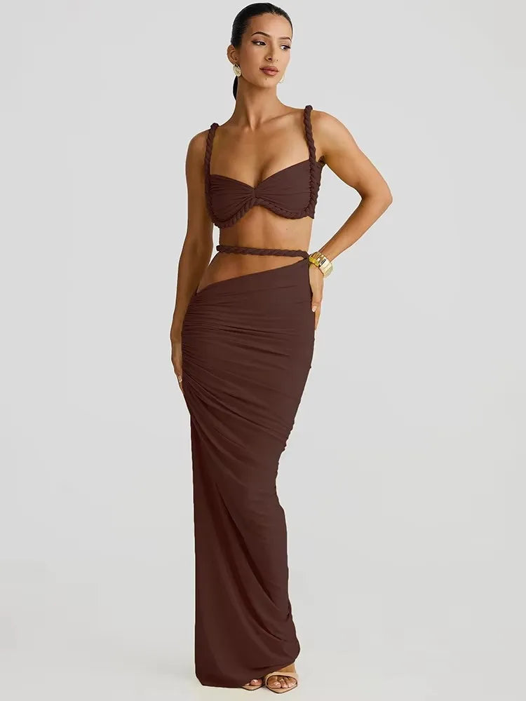 Weird Puss Bandage Ruched 2 Piece Set Women Square Collar Bra+Skinny Long Skirts 2025 Summer Vacation Beach Party Trend Suits Majesty Me